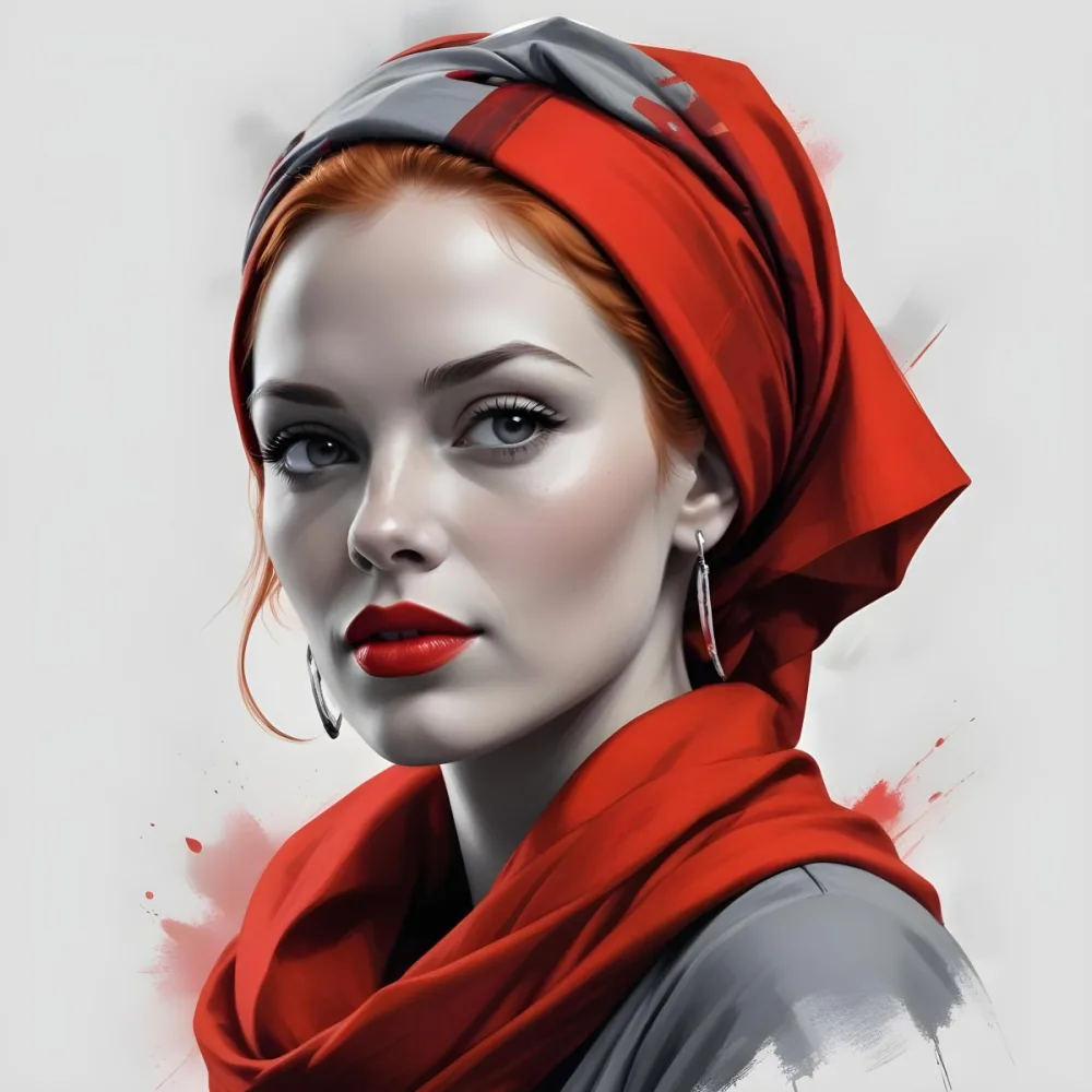 A White Woman 30 Years Old With Light Skin And Red Hair Wearing A Red Headscarf And Red Lipstick Earrings In A Grey Background 8 Acfe