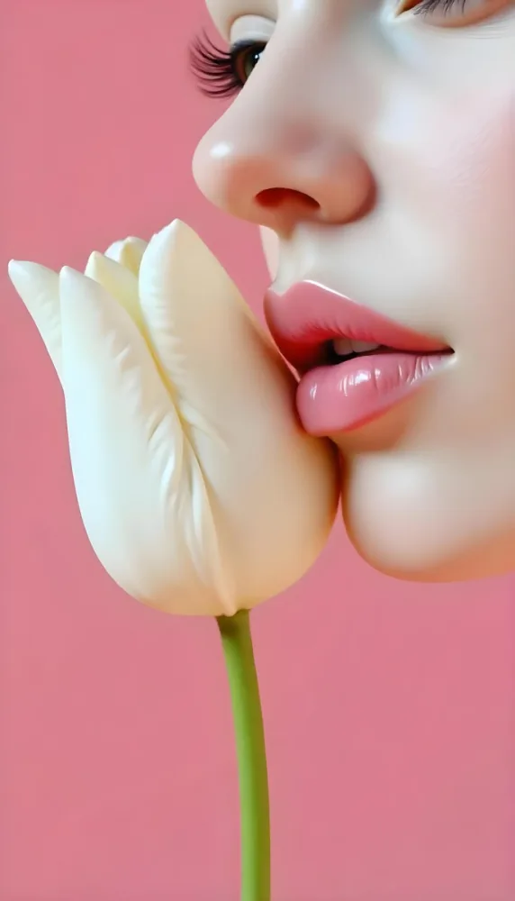 A White Woman Age 22 With Pink Lips Next To A White Tulip In Front Of A White Background 27 Ea3c