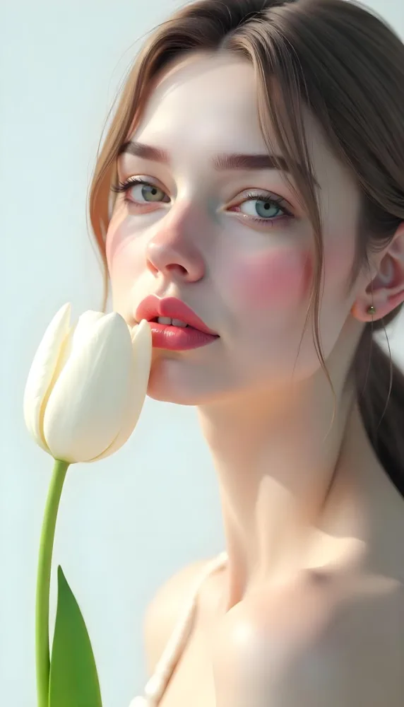 A White Woman Age 22 With Pink Lips Next To A White Tulip In Front Of A White Background 29 Fbea