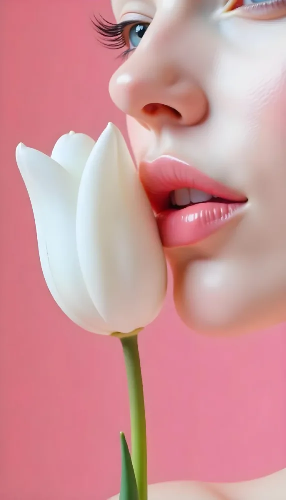 A White Woman Age 22 With Pink Lips Next To A White Tulip In Front Of A White Background 38 Bc80