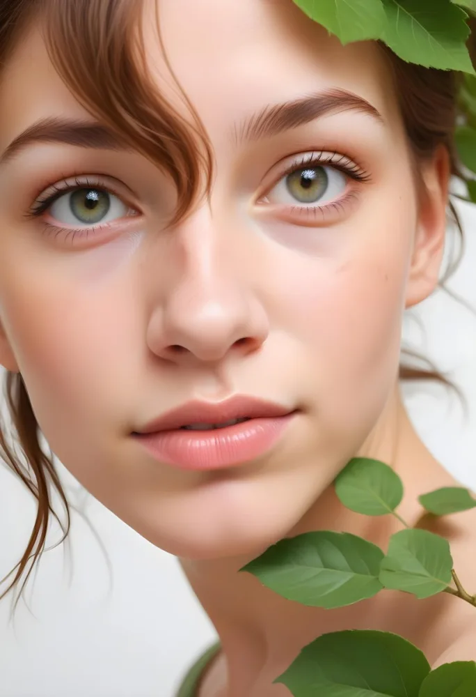 A White Woman Age 23 Light Skin Brown Hair With Green Leaves Around Her Face In A White Background 6 3687