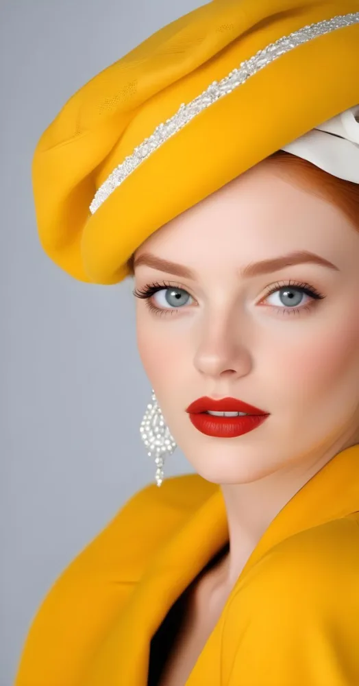 A White Woman Age 23 Red Hair Grey Eyes Red Lipstick Wearing A White Hat And Earrings In A White Background 11 D4b8