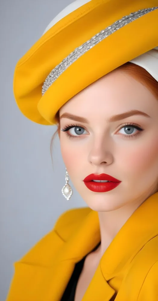 A White Woman Age 23 Red Hair Grey Eyes Red Lipstick Wearing A White Hat And Earrings In A White Background 20 B8d5