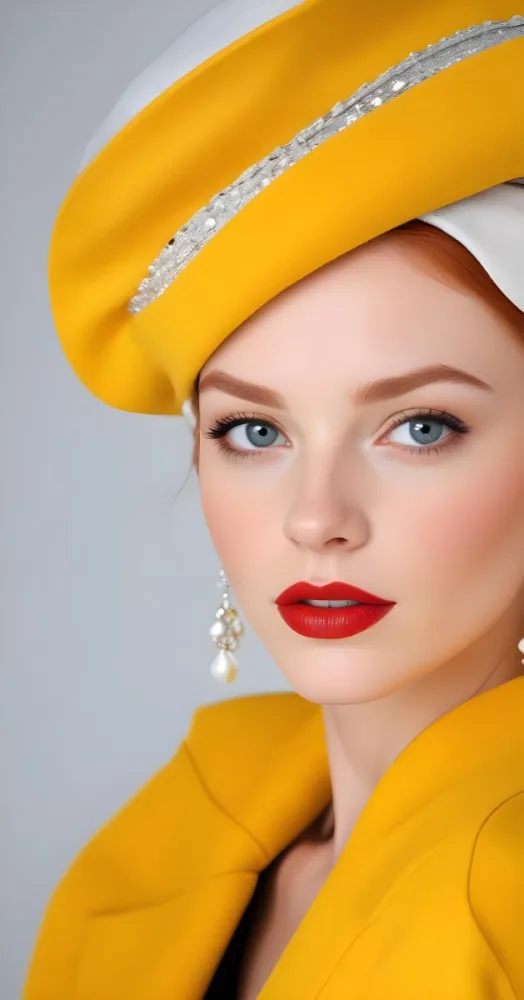 A White Woman Age 23 Red Hair Grey Eyes Red Lipstick Wearing A White Hat And Earrings In A White Background 23 7603
