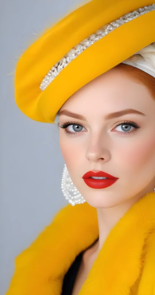 A White Woman Age 23 Red Hair Grey Eyes Red Lipstick Wearing A White Hat And Earrings In A White Background 25 652e