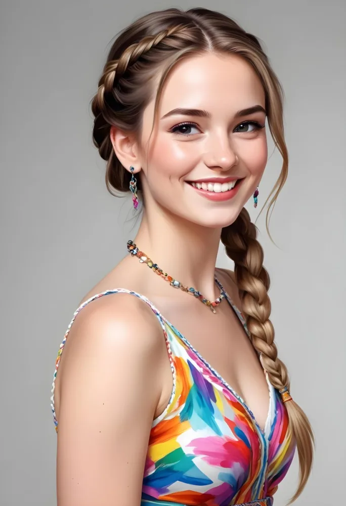 A White Woman Age 23 With A Braid Wearing A Colorful Dress With Jewelry Light Makeup Smiling In A White Background 14 F221