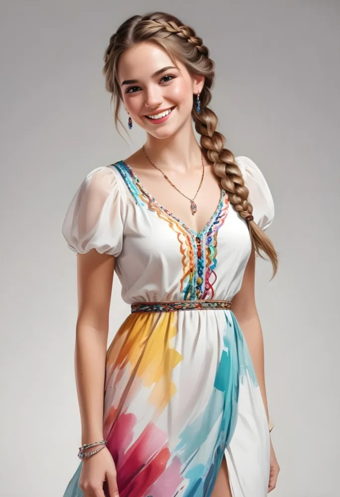 A White Woman Age 23 With A Braid Wearing A Colorful Dress With Jewelry Light Makeup Smiling In A White Background 29 1c3a