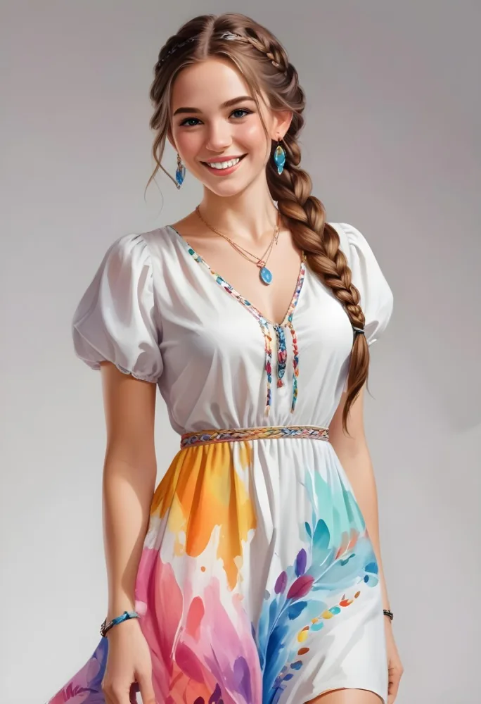 A White Woman Age 23 With A Braid Wearing A Colorful Dress With Jewelry Light Makeup Smiling In A White Background 30 09e4