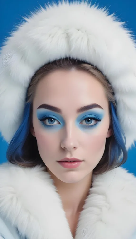 A White Woman Age 23 With Blue Makeup And A White Fur Hat And Coat Looking At The Camera In A Blue Background 12 5245