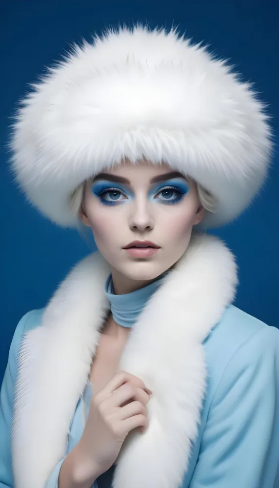 A White Woman Age 23 With Blue Makeup And A White Fur Hat And Coat Looking At The Camera In A Blue Background 13 41e0
