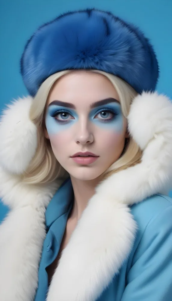 A White Woman Age 23 With Blue Makeup And A White Fur Hat And Coat Looking At The Camera In A Blue Background 14 1a8f