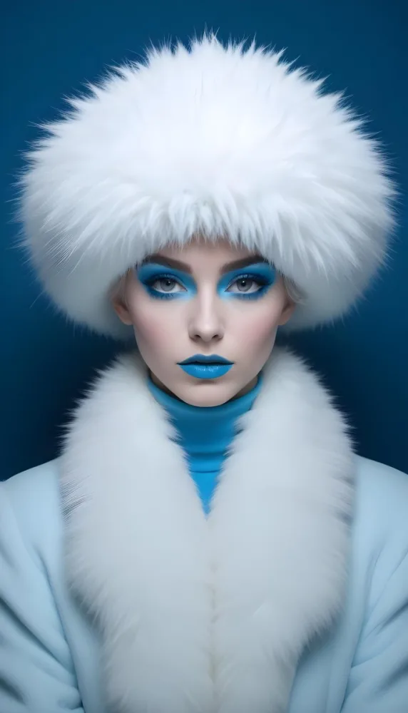 A White Woman Age 23 With Blue Makeup And A White Fur Hat And Coat Looking At The Camera In A Blue Background 23 750c