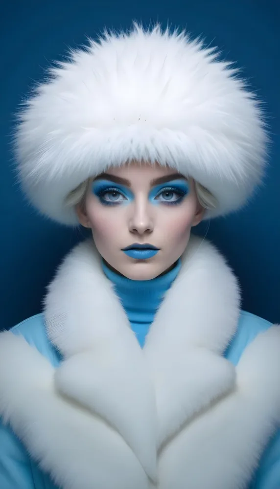 A White Woman Age 23 With Blue Makeup And A White Fur Hat And Coat Looking At The Camera In A Blue Background 34 Ddc5