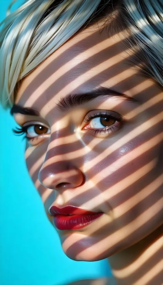 A White Woman Age 23 With Brown Eyes And White Hair Striped Shadows On Her Face Light Blue Background 8 90e2