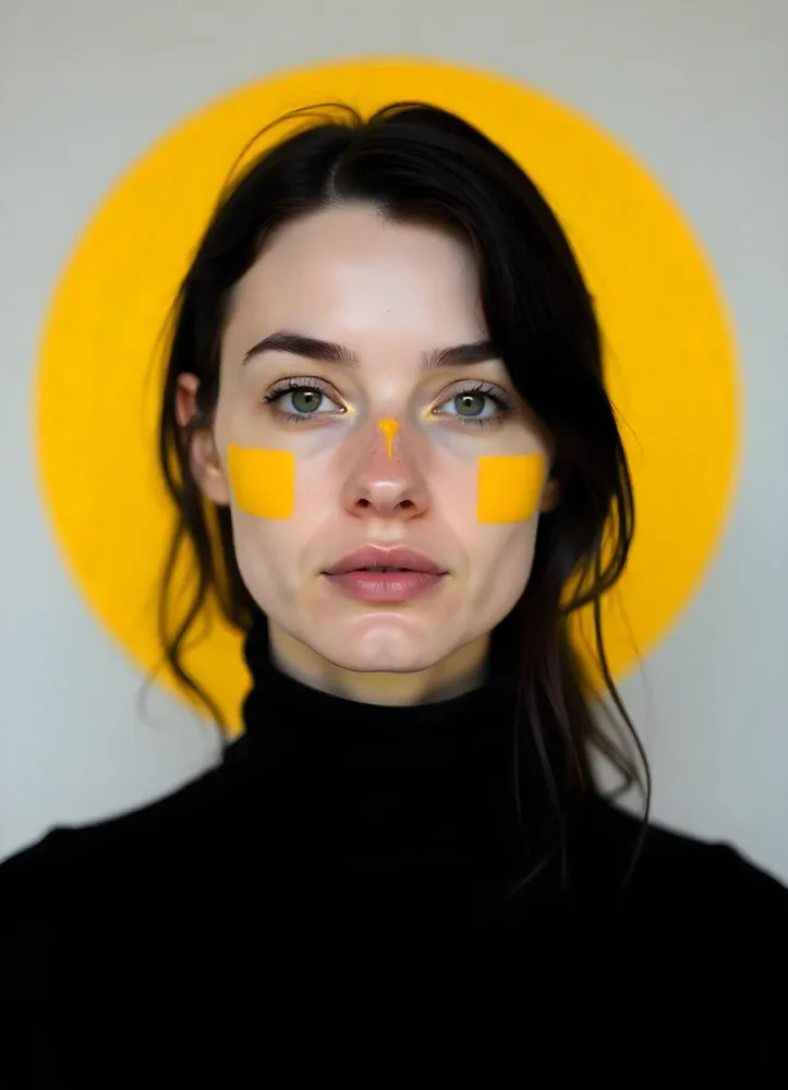 A White Woman Age 23 With Fair Skin And Black Hair Yellow Paint Strokes On Her Face Wearing A Black Turtleneck In A Studio With A Yellow Circle In The Background 10 35b2
