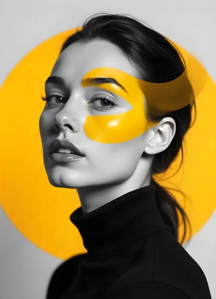A White Woman Age 23 With Fair Skin And Black Hair Yellow Paint Strokes On Her Face Wearing A Black Turtleneck In A Studio With A Yellow Circle In The Background 11 9ec8