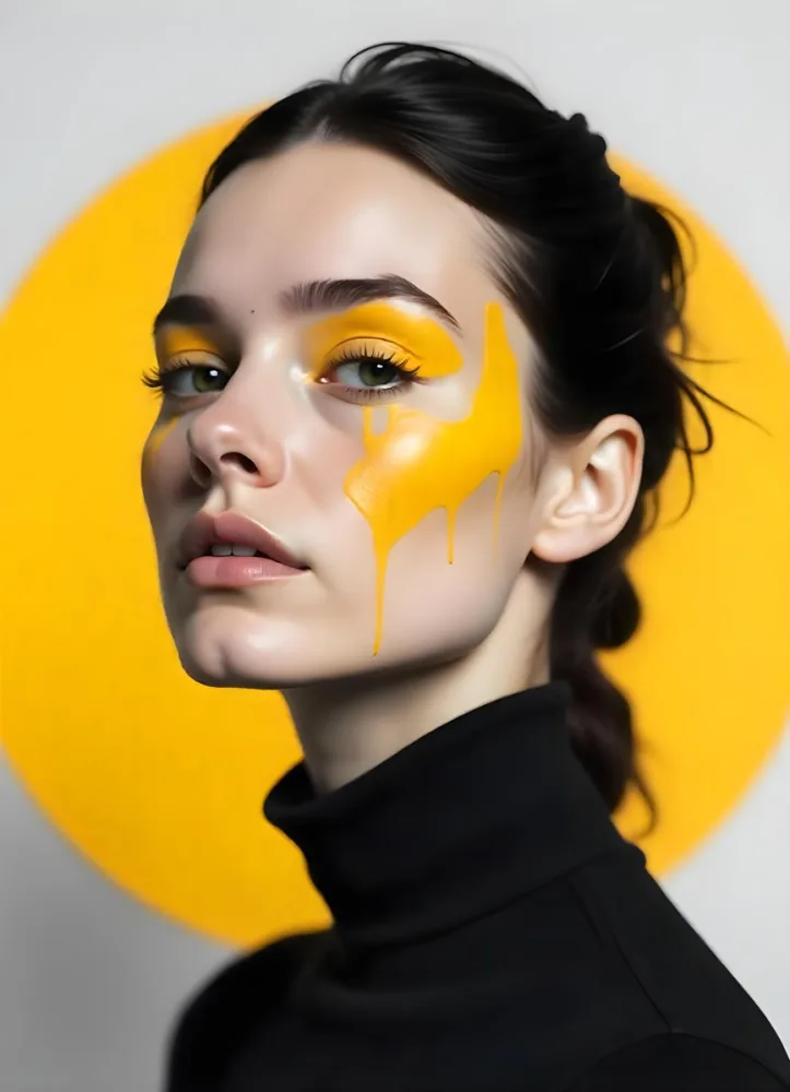 A White Woman Age 23 With Fair Skin And Black Hair Yellow Paint Strokes On Her Face Wearing A Black Turtleneck In A Studio With A Yellow Circle In The Background 15 3662