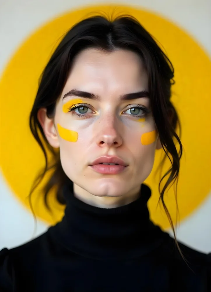 A White Woman Age 23 With Fair Skin And Black Hair Yellow Paint Strokes On Her Face Wearing A Black Turtleneck In A Studio With A Yellow Circle In The Background 2 C43d