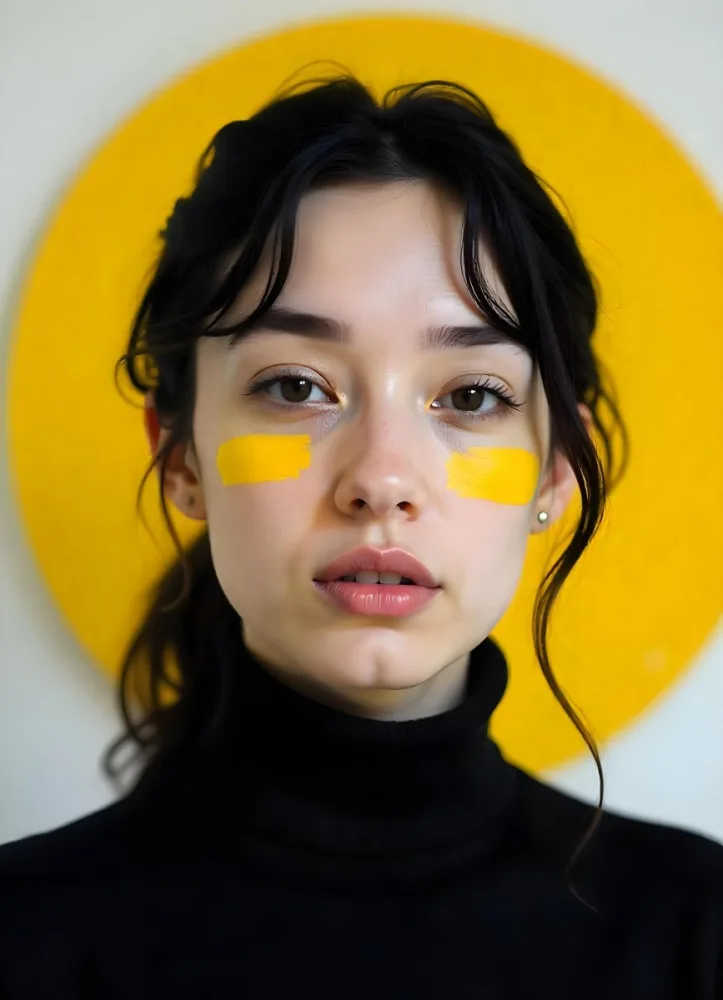 A White Woman Age 23 With Fair Skin And Black Hair Yellow Paint Strokes On Her Face Wearing A Black Turtleneck In A Studio With A Yellow Circle In The Background 21 4051
