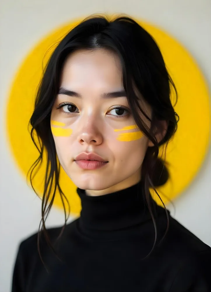 A White Woman Age 23 With Fair Skin And Black Hair Yellow Paint Strokes On Her Face Wearing A Black Turtleneck In A Studio With A Yellow Circle In The Background 22 357a