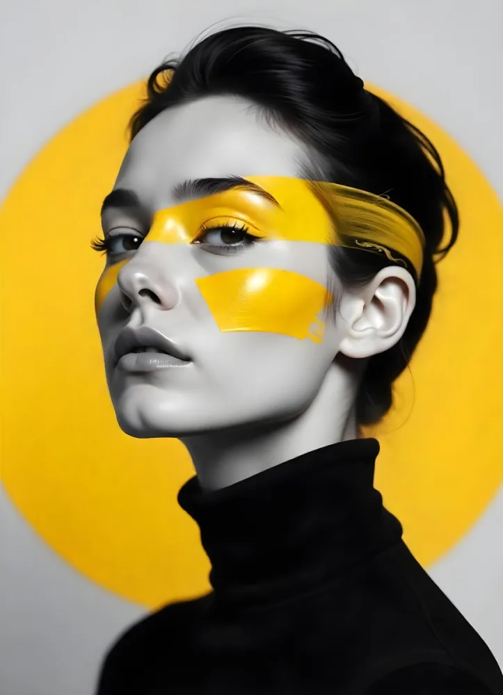 A White Woman Age 23 With Fair Skin And Black Hair Yellow Paint Strokes On Her Face Wearing A Black Turtleneck In A Studio With A Yellow Circle In The Background 4 55db