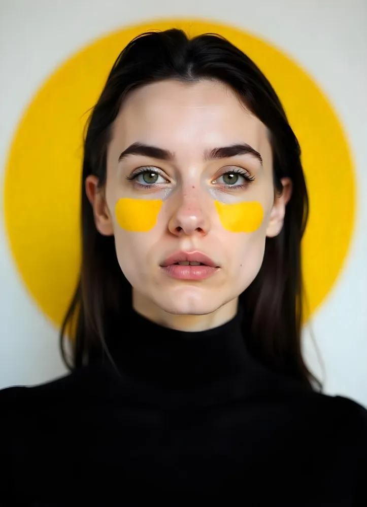 A White Woman Age 23 With Fair Skin And Black Hair Yellow Paint Strokes On Her Face Wearing A Black Turtleneck In A Studio With A Yellow Circle In The Background 6 817d