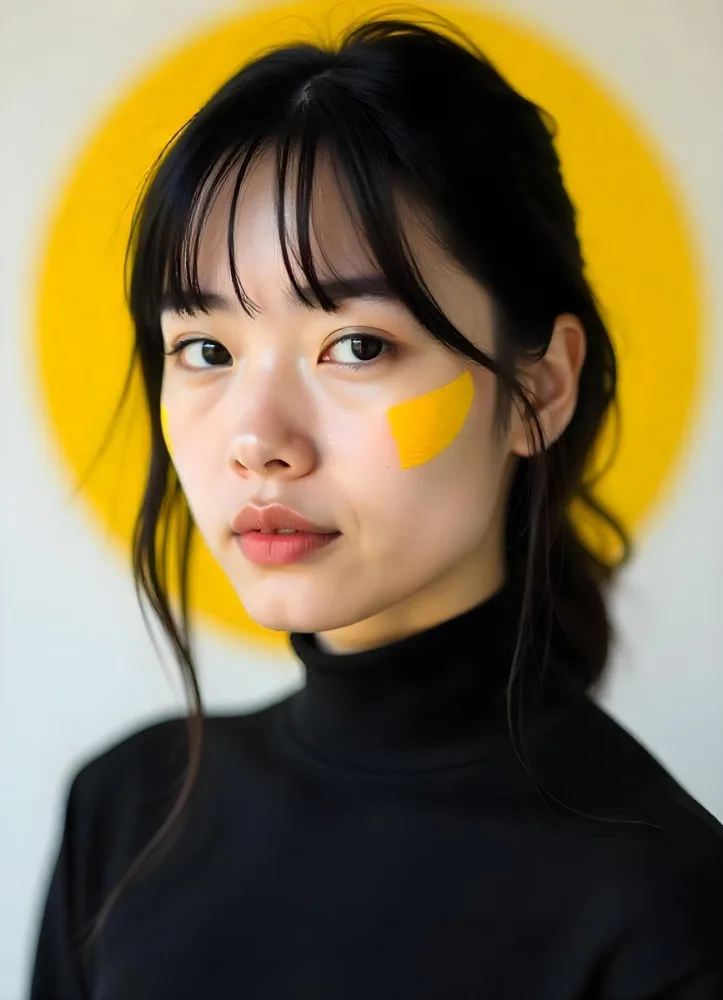A White Woman Age 23 With Fair Skin And Black Hair Yellow Paint Strokes On Her Face Wearing A Black Turtleneck In A Studio With A Yellow Circle In The Background 8 57c4