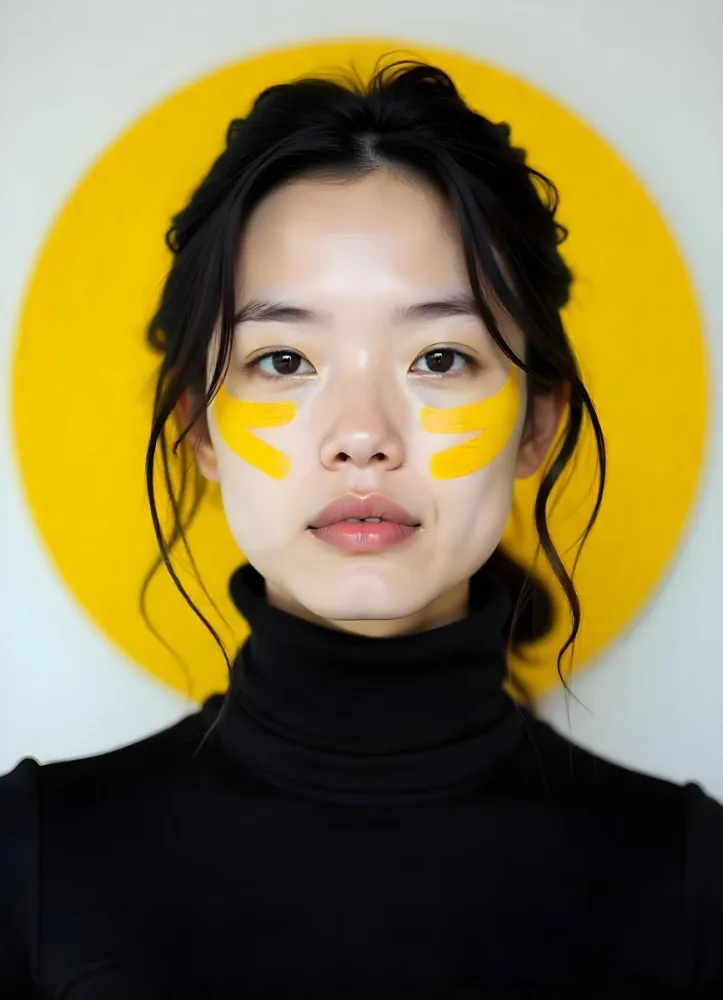 A White Woman Age 23 With Fair Skin And Black Hair Yellow Paint Strokes On Her Face Wearing A Black Turtleneck In A Studio With A Yellow Circle In The Background 9 C5e5
