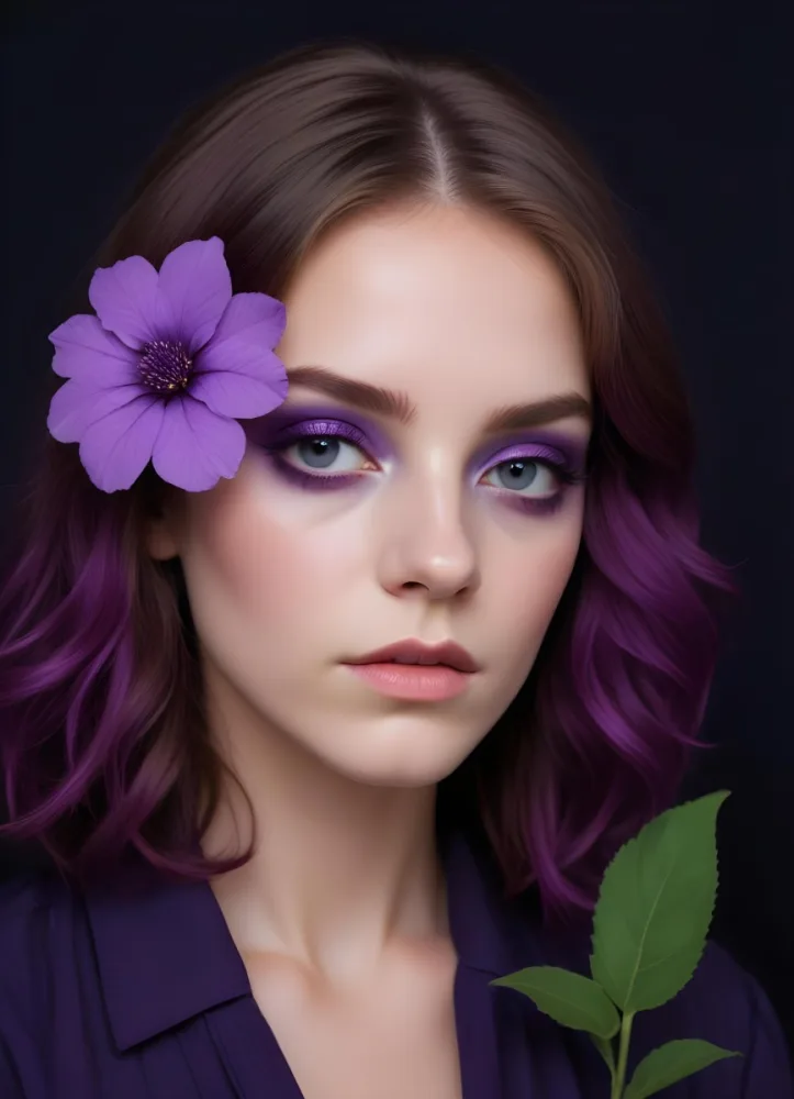 A White Woman Age 23 With Purple Eyeshadow And A Purple Flower In Front Of Her Face Dark Background 2 6d8b