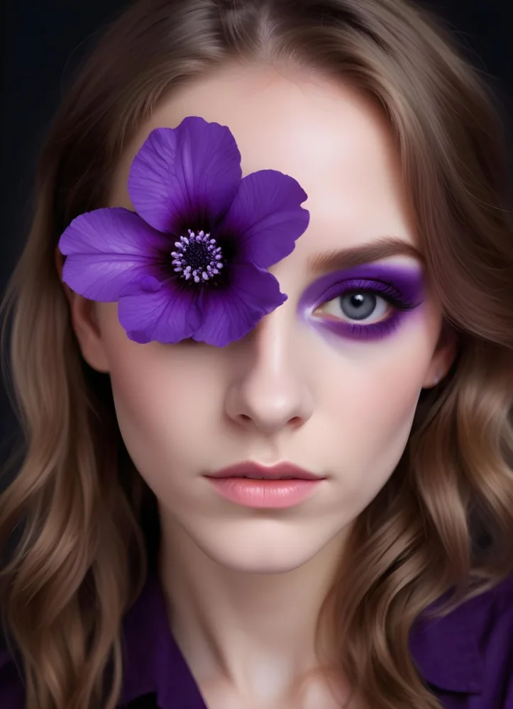 A White Woman Age 23 With Purple Eyeshadow And A Purple Flower In Front Of Her Face Dark Background 31 1857