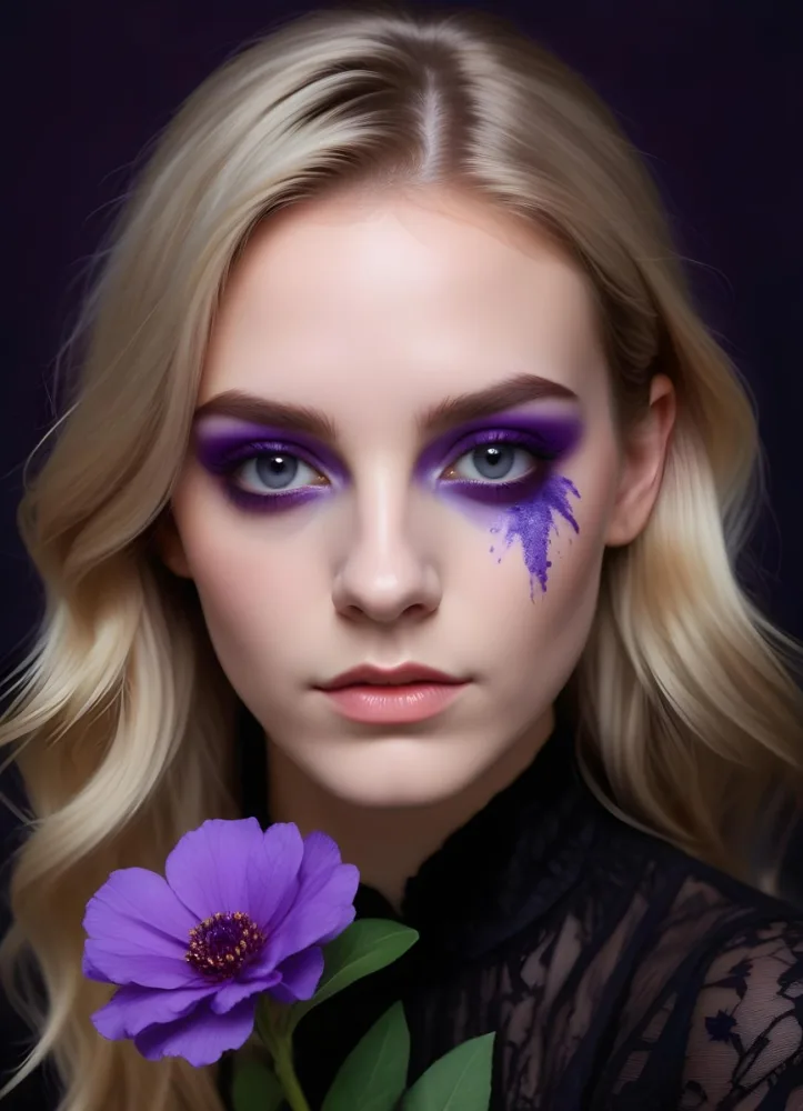 A White Woman Age 23 With Purple Eyeshadow And A Purple Flower In Front Of Her Face Dark Background 33 Fa36