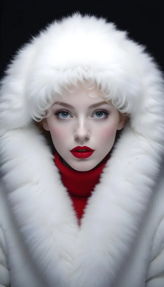 A White Woman Age 23 With Red Curly Hair And Red Lips Wearing A White Fur Coat With A White Turtleneck In A Dark Background 18 3e67