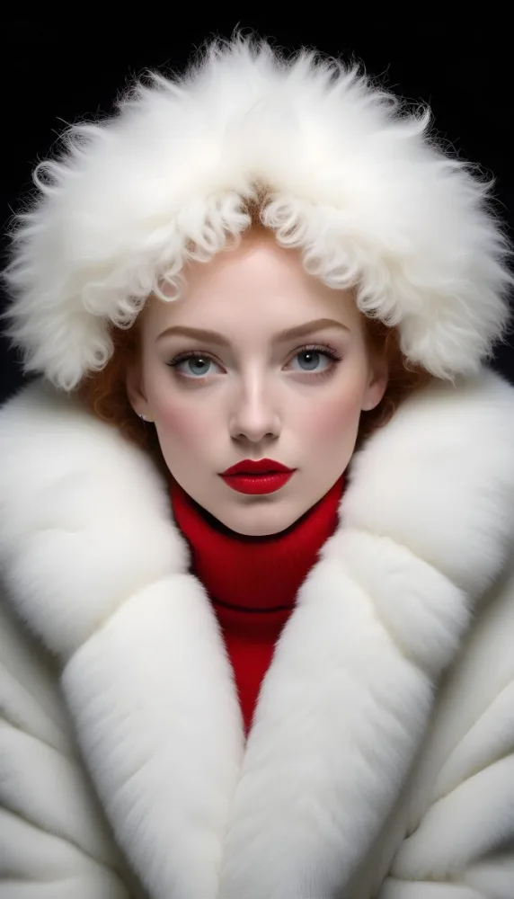 A White Woman Age 23 With Red Curly Hair And Red Lips Wearing A White Fur Coat With A White Turtleneck In A Dark Background 21 522a