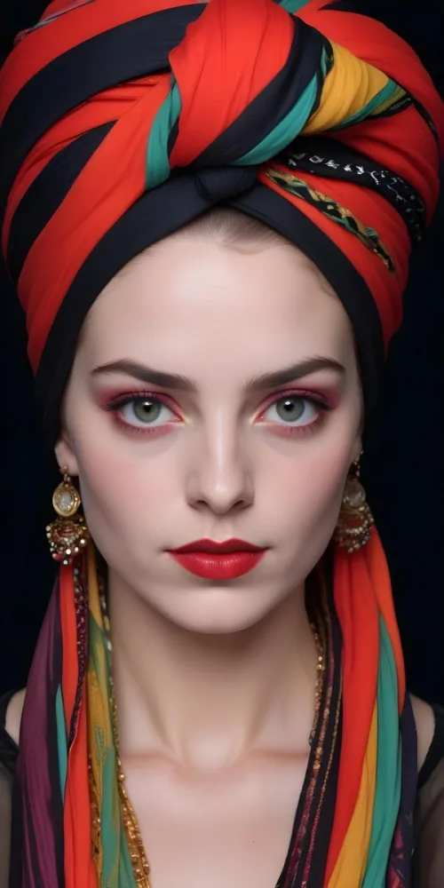 A White Woman Age 23 With Red Eyes Black Lips And A Colorful Turban In A Black Background 11 A994