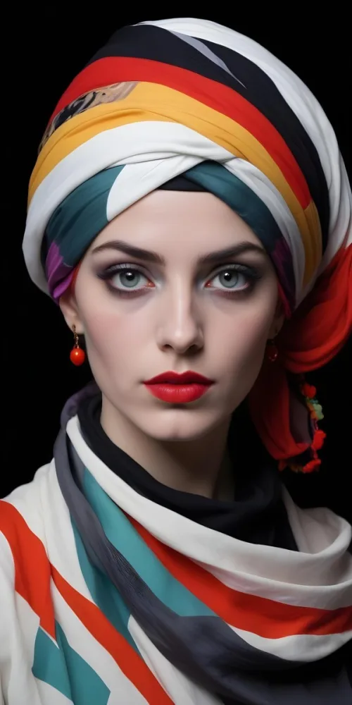 A White Woman Age 23 With Red Eyes Black Lips And A Colorful Turban In A Black Background 18 1135