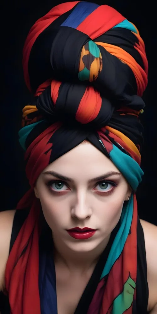 A White Woman Age 23 With Red Eyes Black Lips And A Colorful Turban In A Black Background 22 00df