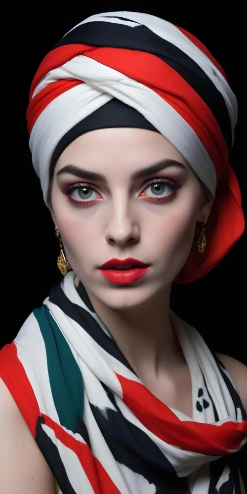 A White Woman Age 23 With Red Eyes Black Lips And A Colorful Turban In A Black Background 9 6773