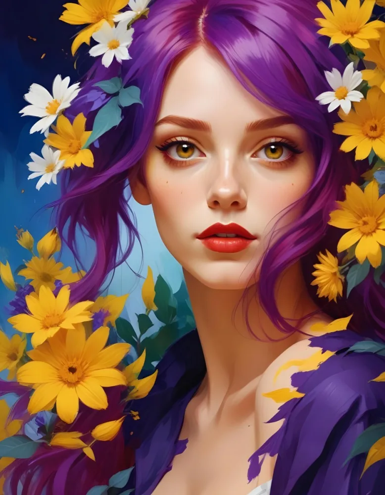 A White Woman Age 23 With Red Hair And Red Eyes Surrounded By Yellow And White Flowers Yellow Background Purple Lips Wearing Makeup Looking At The Camera 1 9713