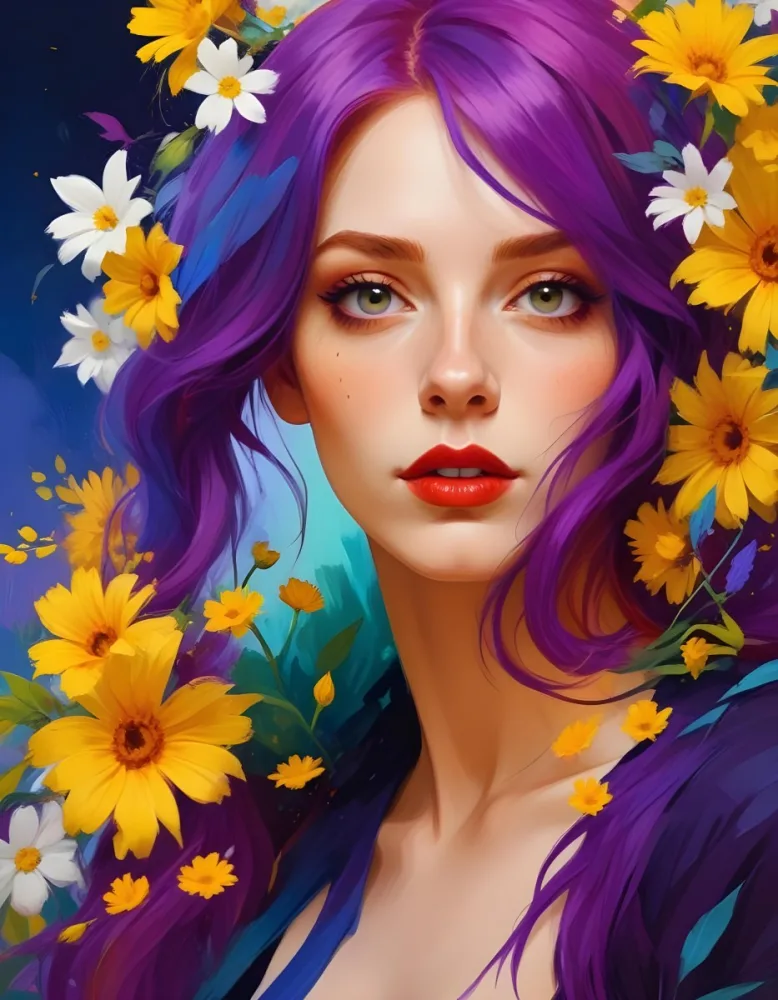 A White Woman Age 23 With Red Hair And Red Eyes Surrounded By Yellow And White Flowers Yellow Background Purple Lips Wearing Makeup Looking At The Camera 17 26de