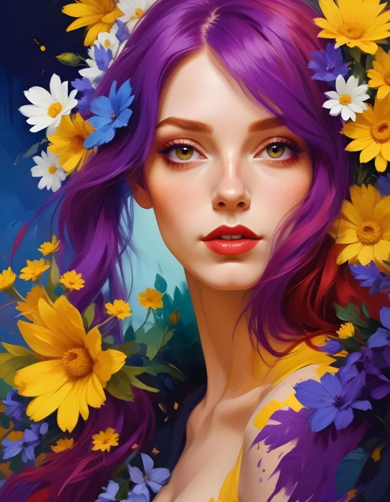 A White Woman Age 23 With Red Hair And Red Eyes Surrounded By Yellow And White Flowers Yellow Background Purple Lips Wearing Makeup Looking At The Camera 21 8400