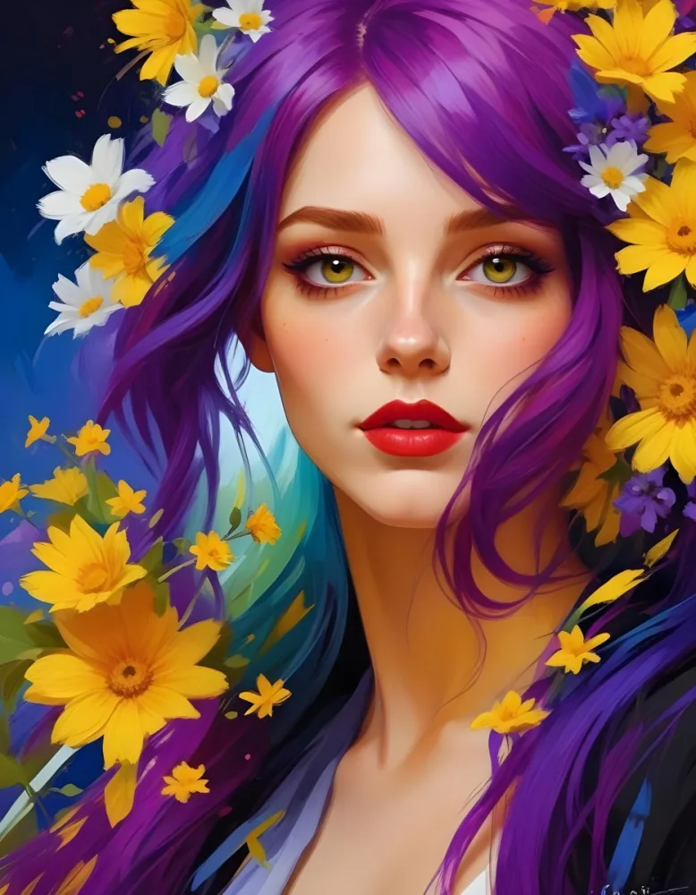 A White Woman Age 23 With Red Hair And Red Eyes Surrounded By Yellow And White Flowers Yellow Background Purple Lips Wearing Makeup Looking At The Camera 9 Afd8