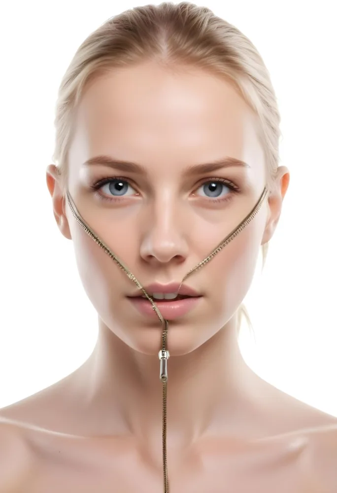 A White Woman Age 25 Blonde Hair With A Zipper On Her Face Dry Skin In A White Background 8 Aa87