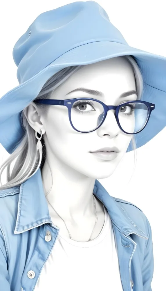 A White Woman Age 25 With A Blue Hat And Glasses Wearing A Blue Jacket Light Skin Long White Hair Earrings White Background 11 5d73