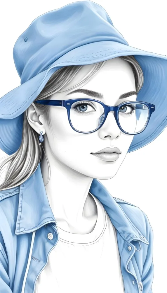A White Woman Age 25 With A Blue Hat And Glasses Wearing A Blue Jacket Light Skin Long White Hair Earrings White Background 2 E2dd