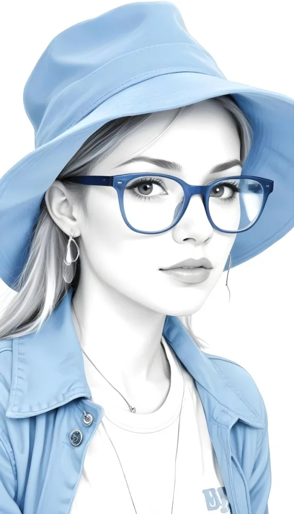 A White Woman Age 25 With A Blue Hat And Glasses Wearing A Blue Jacket Light Skin Long White Hair Earrings White Background 23 2016