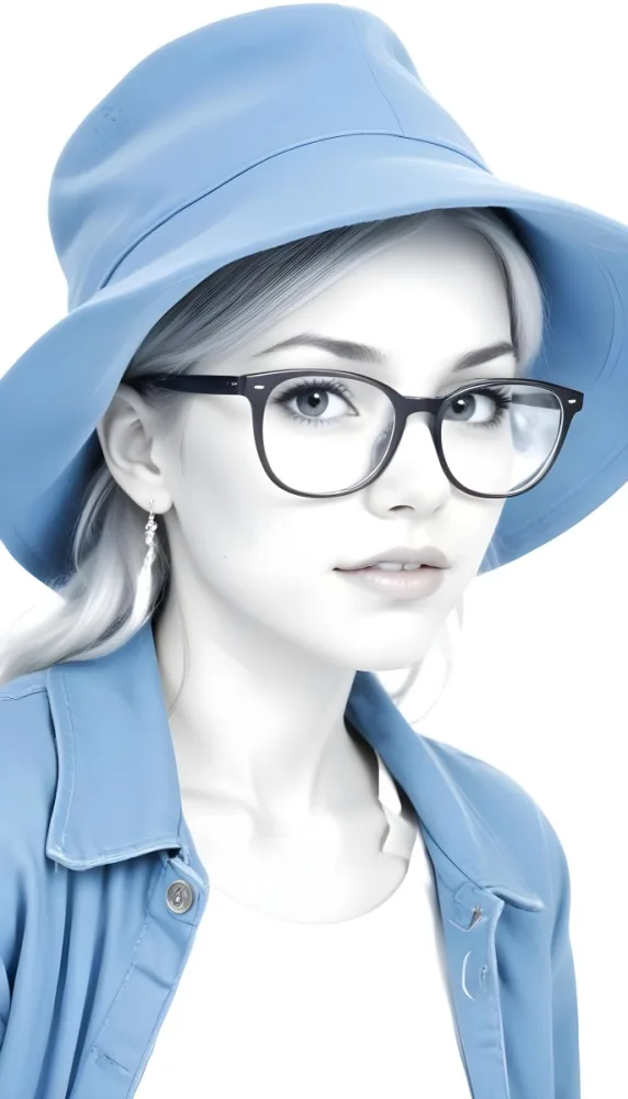 A White Woman Age 25 With A Blue Hat And Glasses Wearing A Blue Jacket Light Skin Long White Hair Earrings White Background 26 0a34