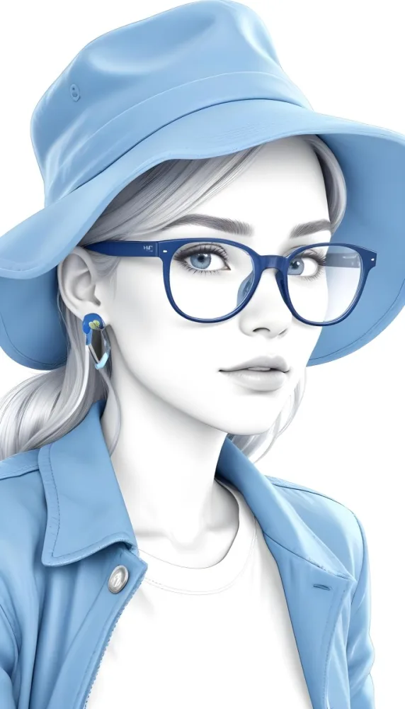 A White Woman Age 25 With A Blue Hat And Glasses Wearing A Blue Jacket Light Skin Long White Hair Earrings White Background 39 53b7