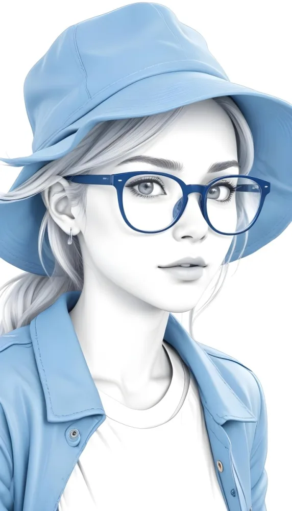 A White Woman Age 25 With A Blue Hat And Glasses Wearing A Blue Jacket Light Skin Long White Hair Earrings White Background 46 B9a4