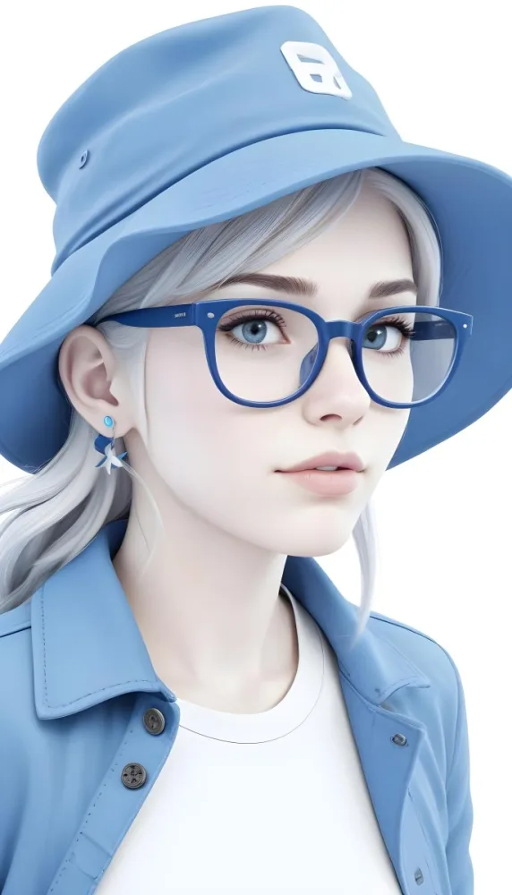 A White Woman Age 25 With A Blue Hat And Glasses Wearing A Blue Jacket Light Skin Long White Hair Earrings White Background 47 Bae2
