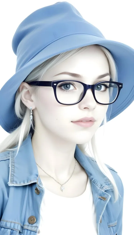 A White Woman Age 25 With A Blue Hat And Glasses Wearing A Blue Jacket Light Skin Long White Hair Earrings White Background 5 F08e